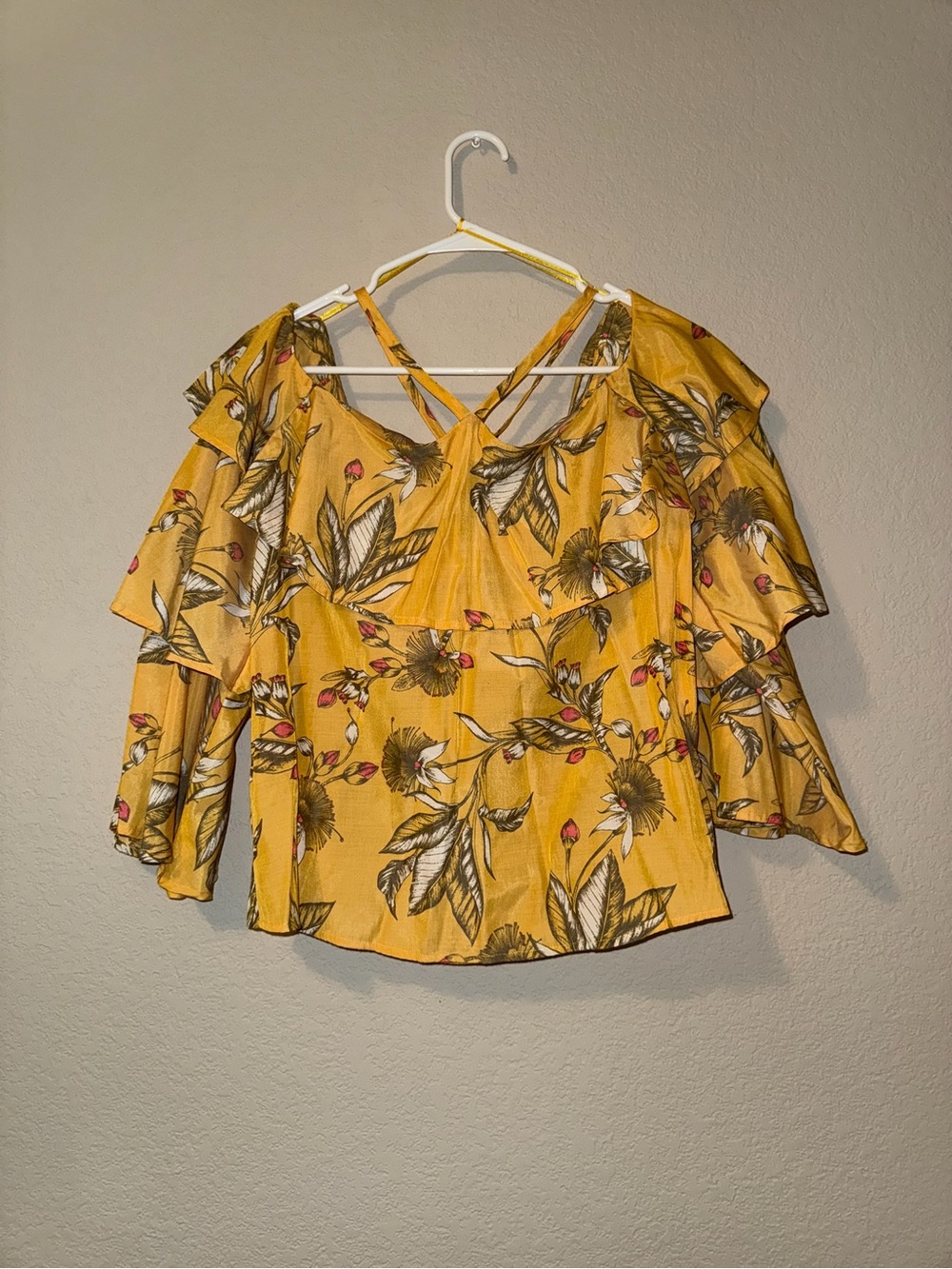 Express Yellow Floral Ruffle Cold-Shoulder Blouse